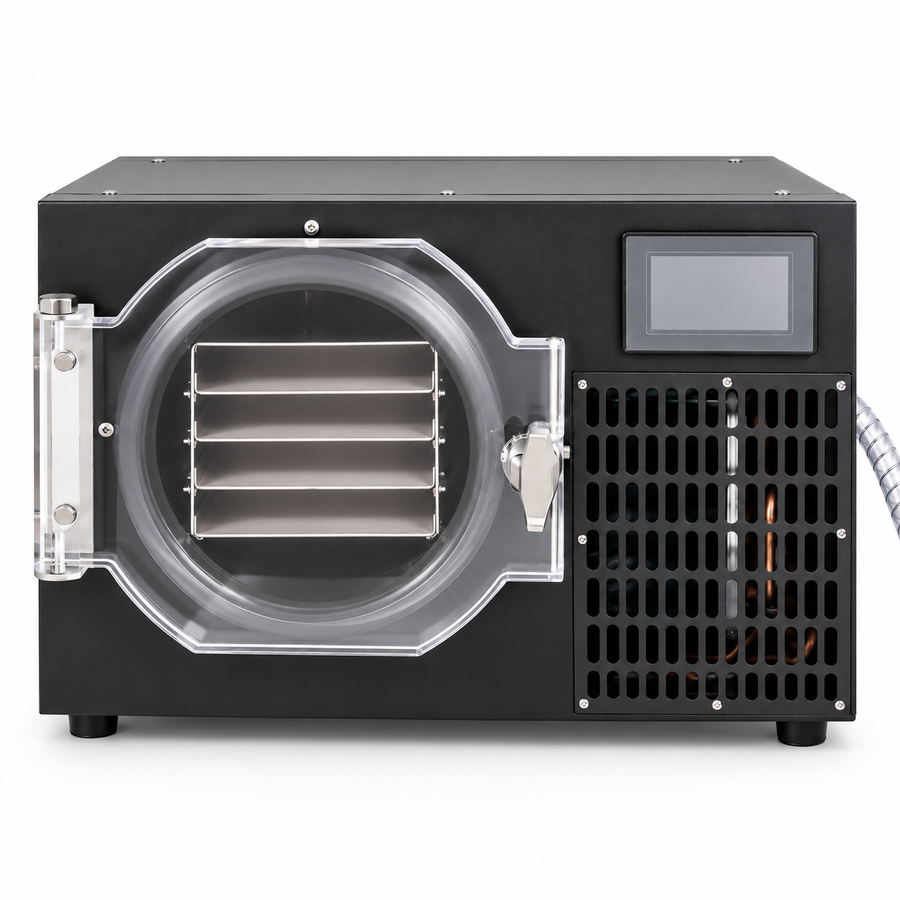 Stay Fresh Small Freeze Dryer, front view, acrylic door open showing four stainless steel trays